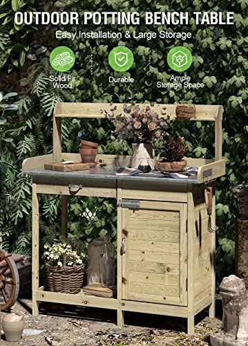 ARNOT Outdoor Potting Bench with Stainless Steel Tabletop, Wooden Garden Workstation with Storage Shelves for Planting, Repotting and Gardening Tools, Natural Fir Wood, 44" x 18" x 49.5"