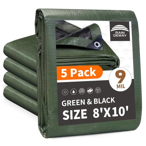 RAINDEWAY 8x10 Feet(5 Pack) Tarp Waterproof,9Mil Green/Black Tarps Cover - color: Green/Black, size: 8x10 Feet (5 Pack)-Finished size