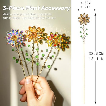 3Pcs Crystal Sunflower Suncatchers Glass Plant Suncatcher with Metal Stake - color: Ab, Red, Amber