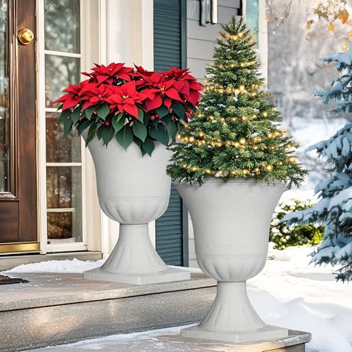 Autodaya 22" Large Urn Outdoor Planters Set of 2, White Terrazzo Plant Pots - color: 22"-urn Planter White
