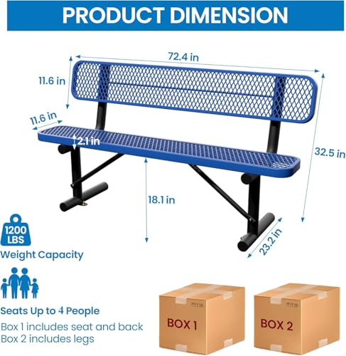 6 Feet Steel Park Bench for Outside, Outdoor Bench with Backrest & Portable Frame, Commercial Benches for Shopping Malls, Stores, Parks, Patios, Decks, Dark Blue - color: Dark Blue, size: 6 FT