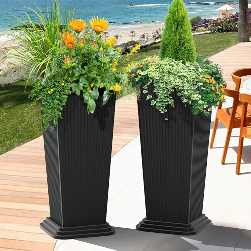 FENCY Set of 2 Tall Planters for Outdoor Plants, Black Ribbed - color: Black-square Ribbed