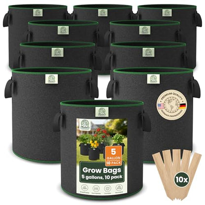 Mabel's Gardening 10-Pack 5 Gallon Grow Bags - Garden Planting Bags 11.0 x 12.2 INCH Made of 8.85 oz/yd² (300g/m²) Felt & Fleece Fabric Plant Pot, Plant Bag, Grow Bag for Strawberry Chilli Tomato - color: 10-pack, size: 5 Gallon