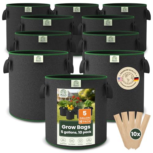 Mabel's Gardening 10-Pack 5 Gallon Grow Bags - Garden Planting Bags 11.0 x 12.2 INCH Made of 8.85 oz/yd² (300g/m²) Felt & Fleece Fabric Plant Pot, Plant Bag, Grow Bag for Strawberry Chilli Tomato - color: 10-pack, size: 5 Gallon