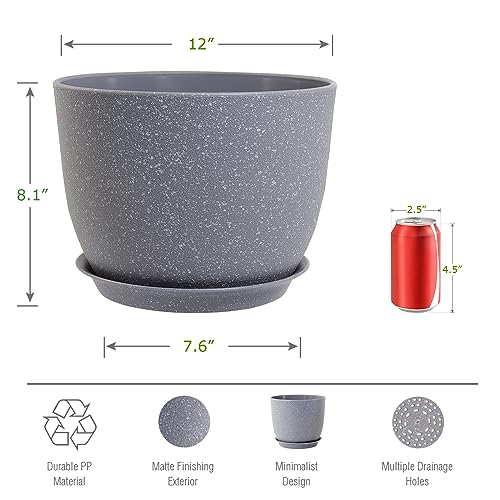 UOUZ 12inch Large Plant Pot, Modern Plastic Planter with High Driange Holes and Saucer for Indoor Outdoor Garden Plants and Flowers, Grey Speckles - color: Grey Speckles