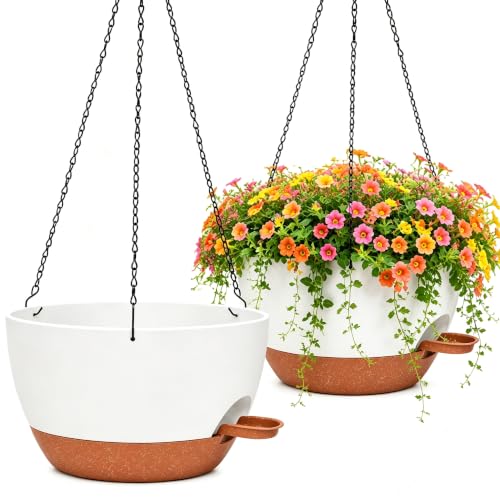 2 Pack 10 Inch Self Watering Hanging Planters for Indoor Plants, Large White Brown Plastic Hanging Pots with Chains for Outdoor Patio Garden Home Decor (White Brown) - color: White Brown, size: 2 pack 10 inches