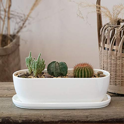 E-liu 11 Inch Oval Ceramic Planter Pot with Drainage Hole Saucers - size: 11 inch Single