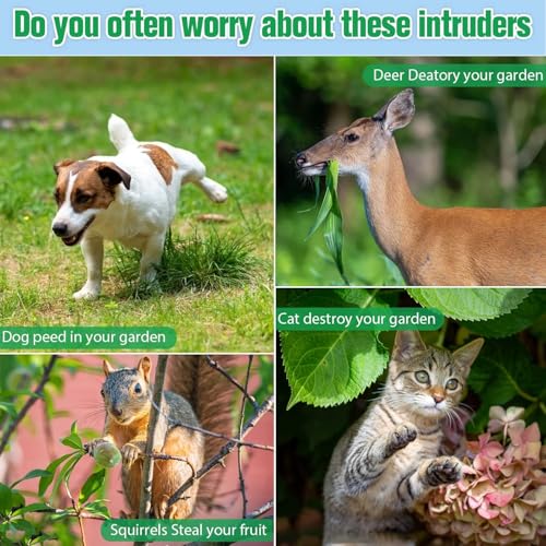 Squirrel Repellent,4 Sided 360° Cat Repellent Outdoor with 7 Modes Adjustable,IP66 Waterproof Deer Repellent Devices,Double-Sided Flashing Light & Ultrasonic Speaker for Cat Squirrel Bird Dog Deer