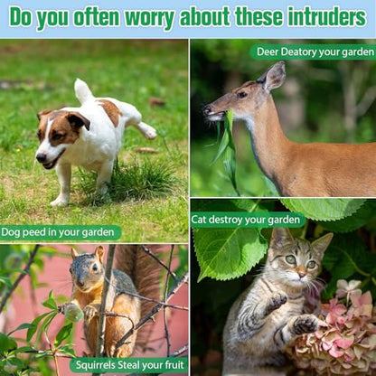 Squirrel Repellent,4 Sided 360° Cat Repellent Outdoor with 7 Modes Adjustable,IP66 Waterproof Deer Repellent Devices,Double-Sided Flashing Light & Ultrasonic Speaker for Cat Squirrel Bird Dog Deer