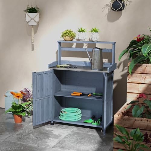 Potting Bench, Outdoor Wooden Potting Table with Storage Cabinet with 2 Shelves, Garden Work Bench with Galvanized Plated Tabletop for Backyard, Balcony, Gray
