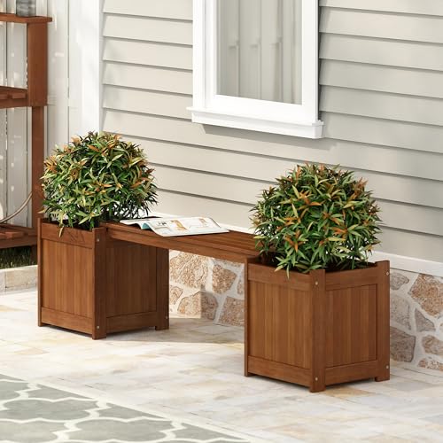 Furinno TIOMAN Planter Box with Bench, Hardwood Flower Box with Seat, Cube Garden Box, in Teak Oil, Outdoor Indoor, Garden, Patio, Balcony, Light Wood - size: 16" x 16" Boxes with 40.5" Wide Bench