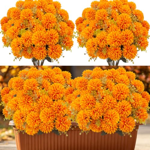 6 Bundles Artificial Mums for Outdoors UV Resistant Fake Fall Flowers for Outdoor Realistic Fall Mums with Eucalyptus Leaves for Planter Front Porch Window Box Patio Garden Autumn Thanksgiving Decor - color: Orange