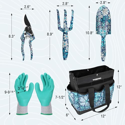 WORKPRO 5PCS Garden Tool Set, Aluminum Heavy Duty Gardening Tool Set - style: Blue flower with bag