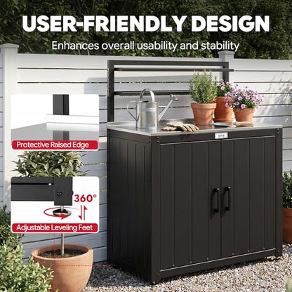 Feasto Outdoor Potting Bench Table with Storage Cabinet, Black - color: Black