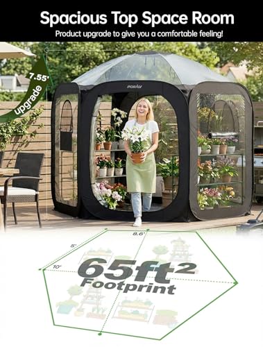 Porayhut Pop Up Greenhouse Tent,Portable Large Walk-in Plant House 10’X10’ ,Indoor Outdoor Gardening Plant Sunshine Room with PVC Mesh Cloth Cover for Protecting Plant from Cold Frost & Birds - style: 90.6"Tall Black Greenhouse