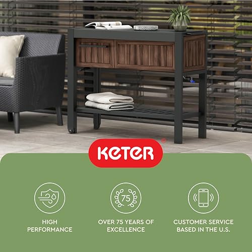 Keter Extendable Outdoor Bar Cart with Hidden Cooler, Storage Drawers & Prep Surface – Mobile Patio Serving Station with Drainage Kit & Hidden Wheels for Backyard, Garden & Poolside Entertaining - color: Extendable Bar Cart Rosewood