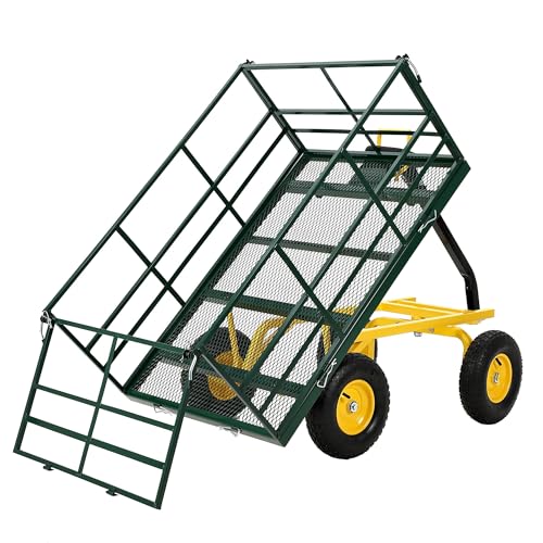 1500 lbs Heavy Duty Steel Garden Cart - Utility Yard Wagon - Removable Mesh Sides & Swivel Adjustable Handle - Dump Trailer for Lawn & Plants - Dark Green Frame, Yellow Hubs, Black - color: Green