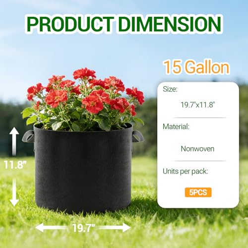 5-Pack 15 Gallon Grow Bags, Thickened Aeration Fabric Pots - size: 15