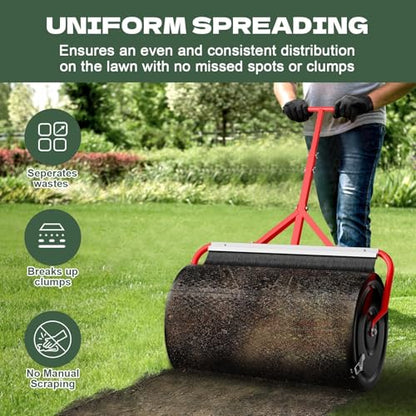 Compost Peat Moss Spreader with Brush Mesh Cleaner, 24 Inch Lawn Roller