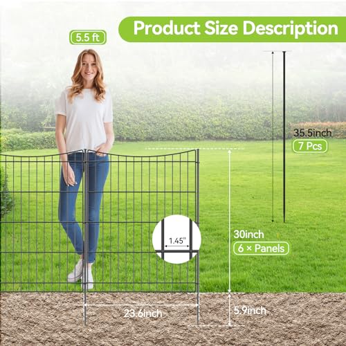 INJOPEXI Decorative Garden Fence 6 Panels 11.8ft(L)×30in(H) Garden Fences Outdoor with 6 Panels Rustproof Metal Wire No Dig Temporary Animal Barrier Fencing for Backyard Patio - Without Fence Gate - size: 6 Panels 11.8ft(L)-30"(H) - Without Gate