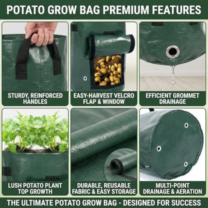 7 Gallon Potato Grow Bags with Harvest Flap and Handles, Durable PE Fabric Planter Pots for Tomato Onion Carrot Fruits Herbs, Outdoor Garden Containers, Green