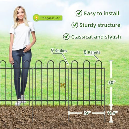 30” x 16’ Outdoor Metal Garden Fence, No-Dig Dog Fence Panels with Stakes - size: Multi Arch 30″H x 16ft (8Panels)