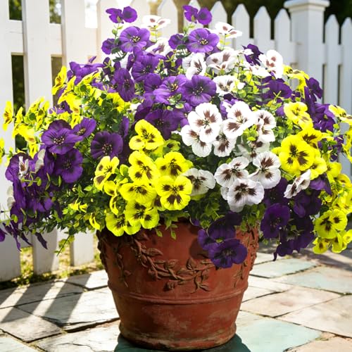 16Pcs Artificial Pansy Flowers for Outdoors, UV Resistant Fake Faux Silk Pansies for Outside,Spring Flowers for Hanging Basket Planter Window Box Porch Patio Yard Decor(Mixed Purple Yellow White) - color: Mix1(yellow,purple,white )