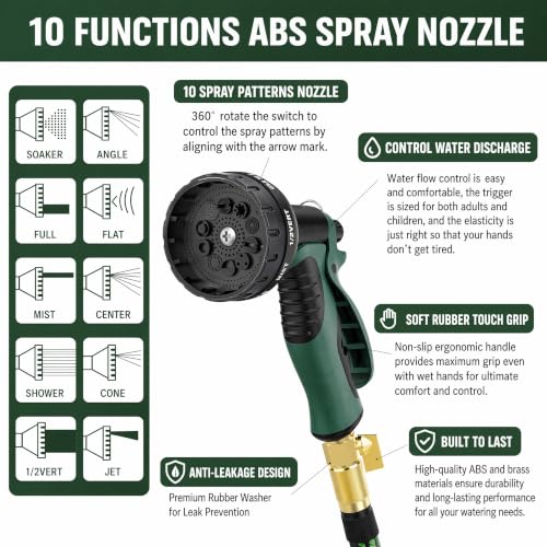 100 FT Garden Hose - Heavy Duty Non-Expandable Water Hose with 10-Function Nozzle, Kink-Free & Leak-Proof Flexible Yard Hose for Lawn and Car Washing（100FT) - size: 100FT