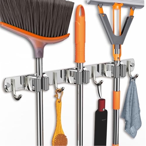 2 Pack Mop and Broom Holder Wall Mount for Kitchen Garden Garage Laundry - color: Silver, size: 2 Pack 3 Racks with 4 Hooks