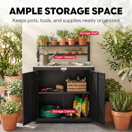 Feasto Outdoor Potting Bench Table with Storage Cabinet, Black - color: Black
