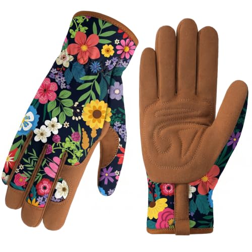 Gardening Gloves for Women, Breathable Leather Garden Gloves,Gardening Gift - color: Black - Brown Flowers