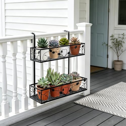 2-Tier Hanging Railing Flower Pot Holder with Adjustable Hooks