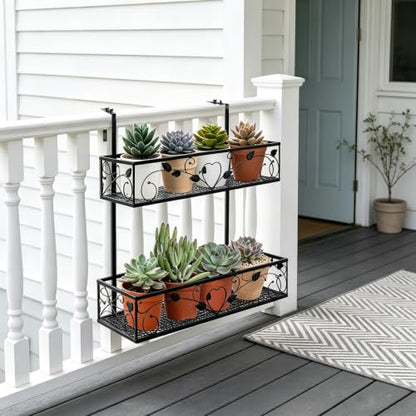 2-Tier Hanging Railing Flower Pot Holder with Adjustable Hooks