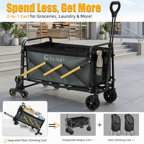 Folding Utility Cart with Triangular Wheels, 2 in 1 Collapsible Wagon for Stairs, Multi-Scene Stair Climbing Wagon, Lightweight Hand Truck with Telescoping Handle for Grocery, Laundry, Moving, Office