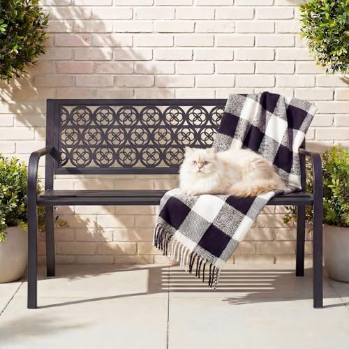44" Outdoor Garden Bench, Iron Metal Frame Patio Bench with Backrest and Armrests, Weatherproof Anti-Rust Outdoor Bench for Front Porch, Park, Yard, Patio (411-Black) - size: 44" - 411-BLACK