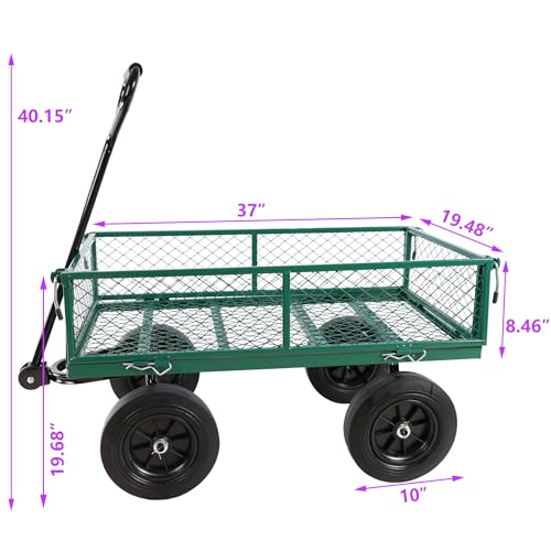 Metal Utility Wagon with 10" Solid Large Wheels 500 Lbs Capacity Heavy Duty Wheel Barrow Mesh Steel Garden Wagon Cart Dump Cart Pullable with 180° Rotating Handle Removable Sides (Green) - color: Green