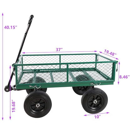 Metal Utility Wagon with 10" Solid Large Wheels 500 Lbs Capacity Heavy Duty Wheel Barrow Mesh Steel Garden Wagon Cart Dump Cart Pullable with 180° Rotating Handle Removable Sides (Green) - color: Green