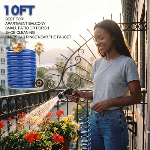 10FT Blue EVA Coil Garden Hose with Metal Fittings - color: Blue, size: 10 Feet