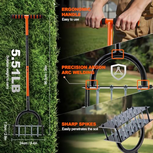 Bluesea Lawn Aerator Tool - 16 Iron Spikes with Ergonomic T-Handle, Automatic Dirt Clean for Soil Loosening & Yard Aeration, Manual Metal Grass Aerator (Orange) - color: Orange