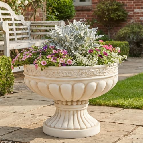 Christopher Knight Home Lina 15.94" H Classical Urn Planter, MGO Outdoor Flower Pot, Weather-Resistant Outdoor Planter for Backyard Hallway, Scroll & Fluted Pedestal Planter Pot, Antique White - color: Antique White (B), size: 1 Piece