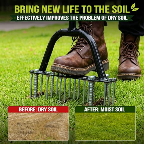 Manual Lawn Aerator Tool with 17 Spikes, Soil Aerating Tool with Gloves
