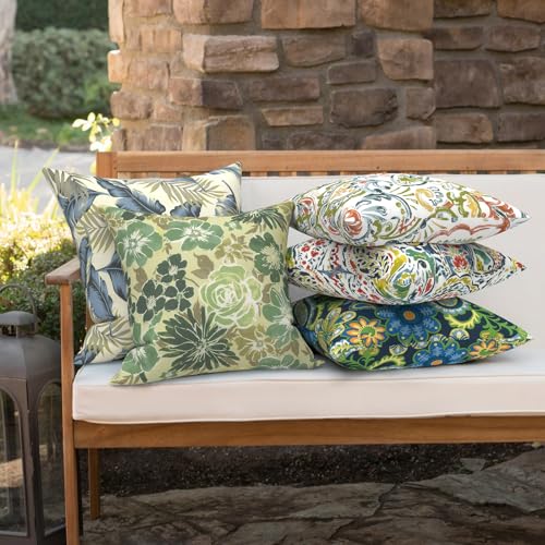 Outdoor 16x16 Inch Throw Pillow Covers Set of 2, Covers ONLY, All Weather Square Pillow Cases, Patio Cushion Pillow of Home Furniture Use, Green Rose - color: Green Rose, size: 16" x 16" (Pack of 2)