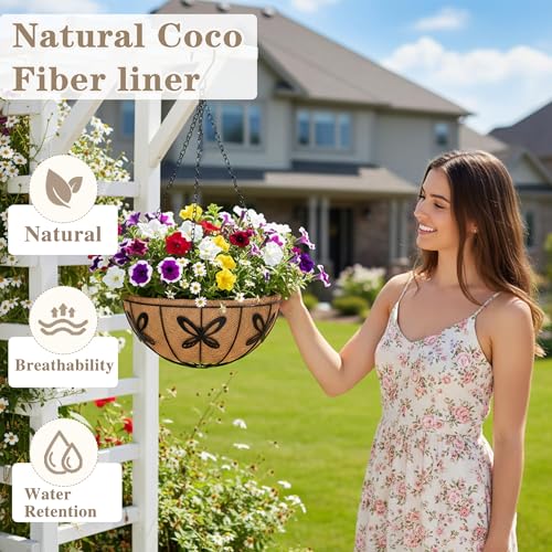 EIMQUVW Outdoor Metal Hanging Planters Basket (4pack, 14 inch) Hanging Baskets for Plants Chain Round Wire Plant Holder with Coco Fiber Liners for Garden, Patio, Deck, Porch(Butterfly)
