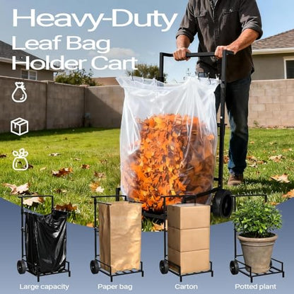 Metal Leaf Bag Holder, 35-55 Gallon Adjustable Mobile Trash Bag Holder,Upgraded Garbage Bag Trolley with wheels,Trash Bag Holder Stand Suitable for Yard and Lawn Cleaning, Camping, and Gathering