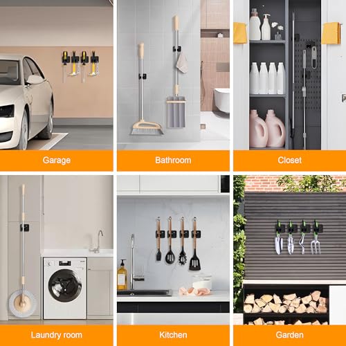 4 Pack Stainless Steel Heavy Duty Broom Holder Wall Mount with Hook, Black - color: D-Black, size: 4PCS Gripper