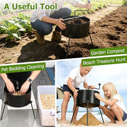 Rotary Soil Sifter for Gardening, Heavy Duty Metal Garden Sifter with Easy Crank Handle, 21 Inch Compost Sieve for Dirt, Rock 0.5-0.7 Inch Mesh