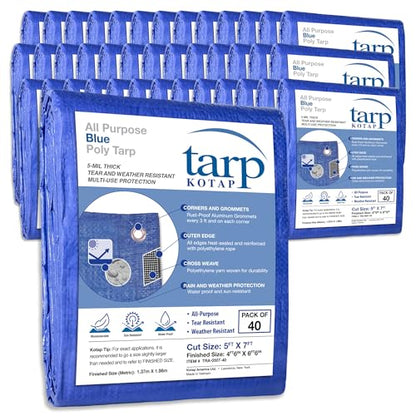 Kotap 5 x 7 Ft. All-Purpose Multi-Use Protection/Coverage 5-mil Poly Tarp, Waterproof, Blue, 40-Pack (TRA-0507-40) - color: Blue, size: Cut Size: 5 x 7'/Finished Size: 4' 6" X 6' 6"