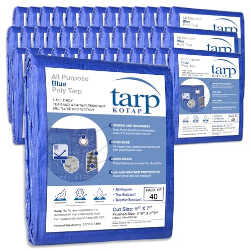 Kotap 5 x 7 Ft. All-Purpose Multi-Use Protection/Coverage 5-mil Poly Tarp, Waterproof, Blue, 40-Pack (TRA-0507-40) - color: Blue, size: Cut Size: 5 x 7'/Finished Size: 4' 6" X 6' 6"