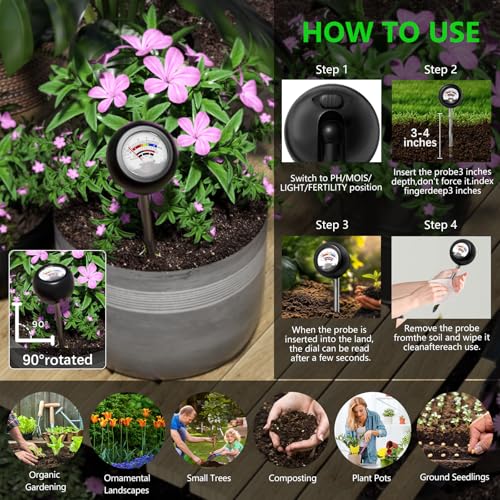 Vitamicor 4-in-1 Soil Tester, Battery Free Plant Moisture Meter with PH/Moisture/Light Test/Fertilizer, Soil PH Meter for Garden, Lawn, Potted Plants, Farm (90° Rotation)