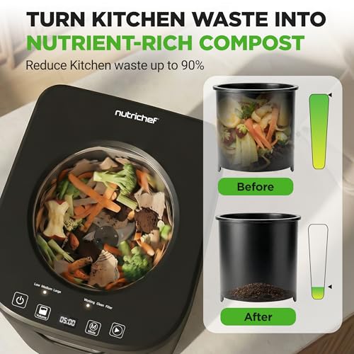 NutriChef 4 Quart Electric Kitchen Composter | Smart Countertop Composter Includes 2 Odorless Carbon Filters | Electric Compost Bin for Indoor Use | 3 Volume Based Modes Small, Medium & Large | Gray - color: Black